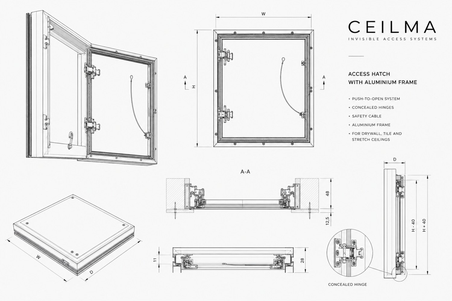 Чертёж ревизионного люка Ceilma: алюминиевая рама, скрытые петли, страховочный трос, разрез А-А и узел петли